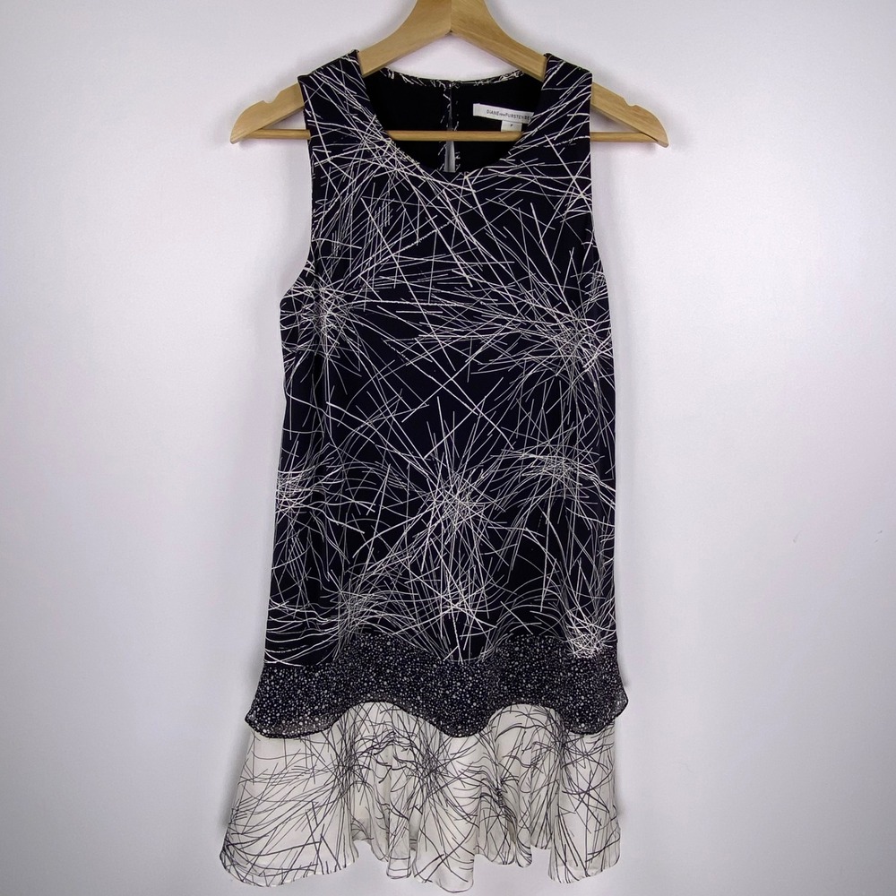 Diane von Furstenberg Liza Abstract Scribble Print Tiered Silk Dress Black Sz P